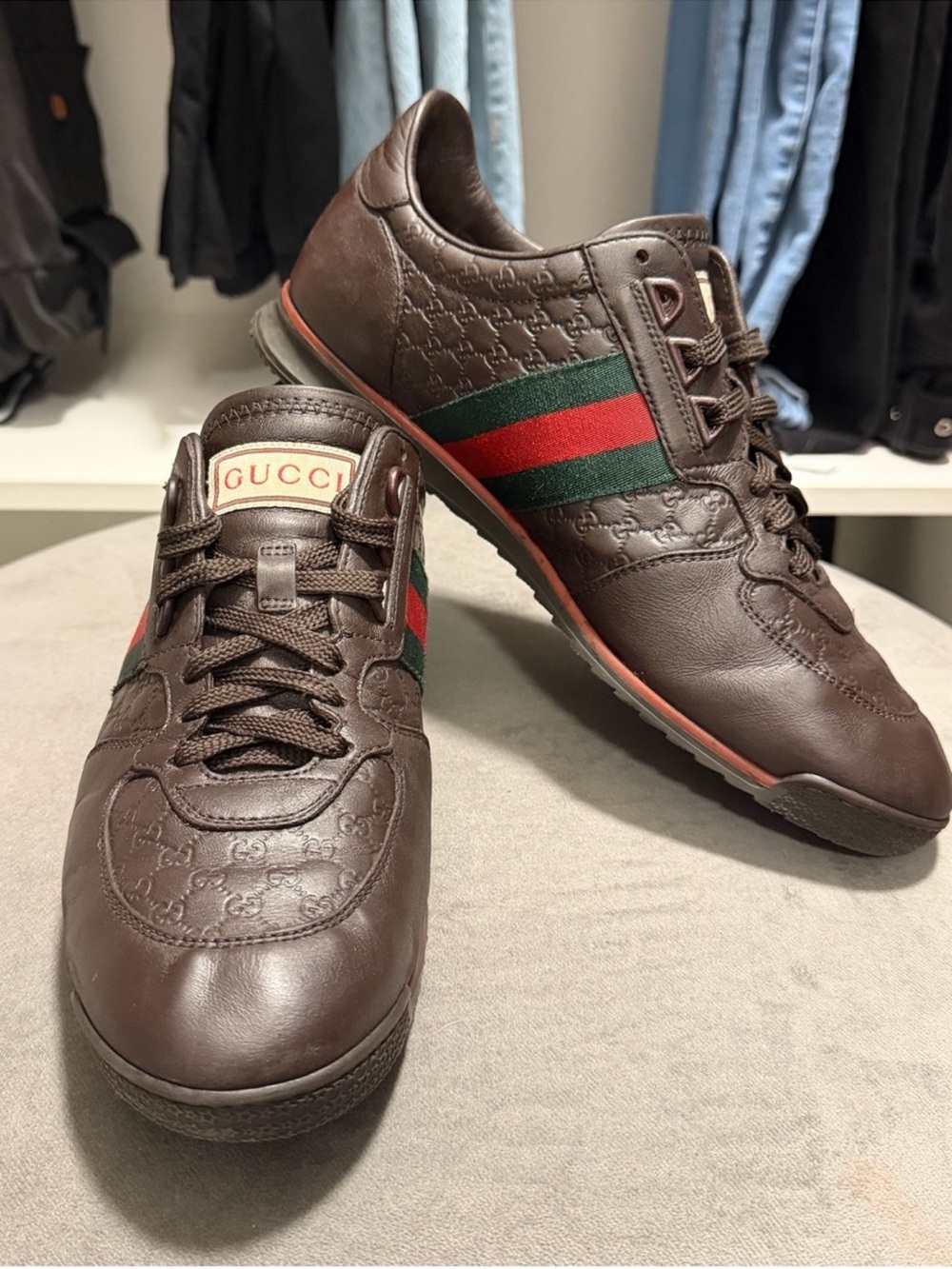 Brand New Gucci Brown Leather Sneakers with Green and Red Web Stripe